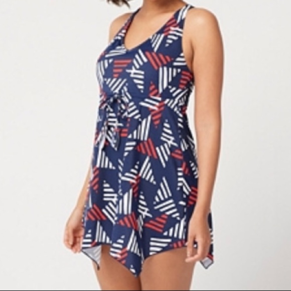 Denim&Co beach v-neck handkerchief hen swim dress